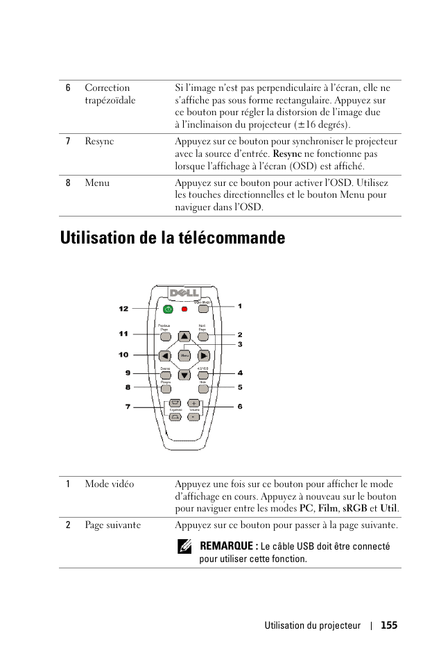 Utilisation de la télécommande | Dell 1100MP User Manual | Page 155 / 976