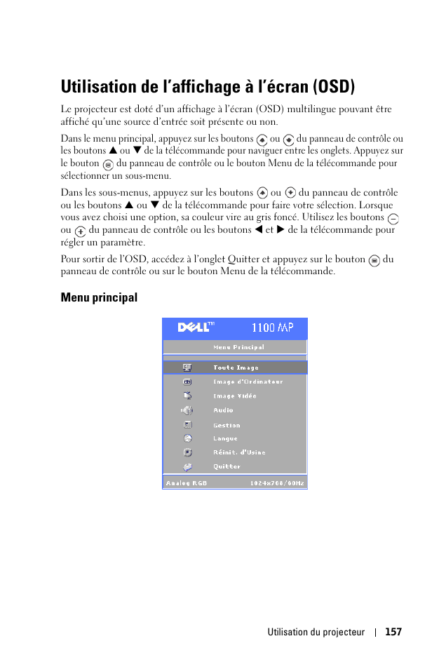 Utilisation de l’affichage à l’écran (osd), Menu principal | Dell 1100MP User Manual | Page 157 / 976