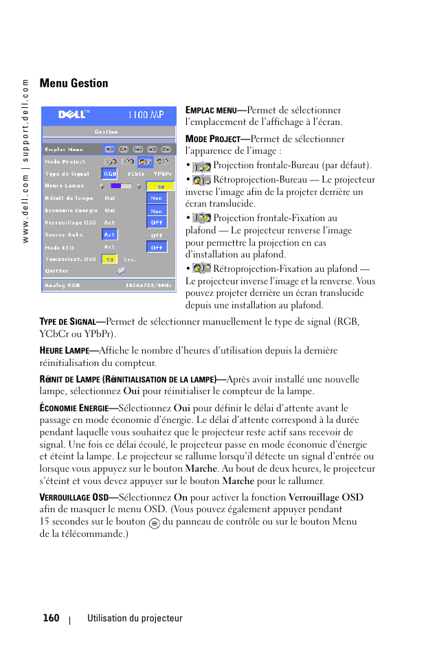 Menu gestion | Dell 1100MP User Manual | Page 160 / 976