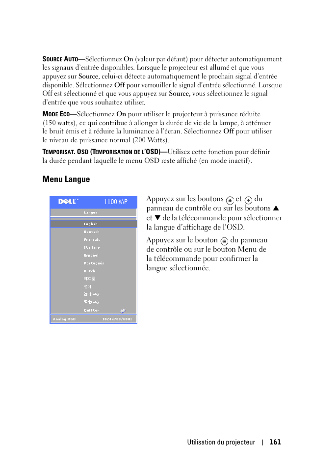 Menu langue | Dell 1100MP User Manual | Page 161 / 976