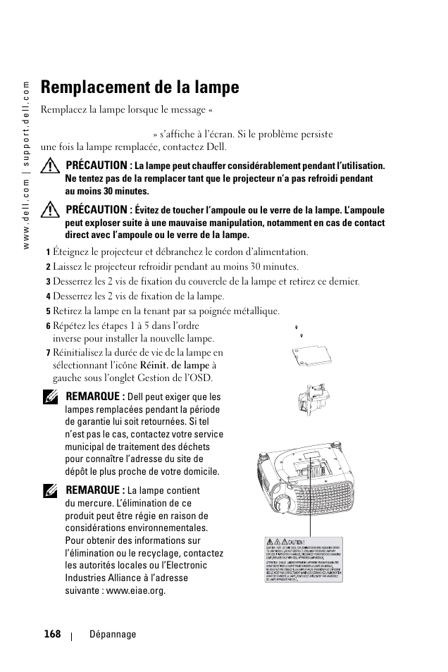 Remplacement de la lampe | Dell 1100MP User Manual | Page 168 / 976