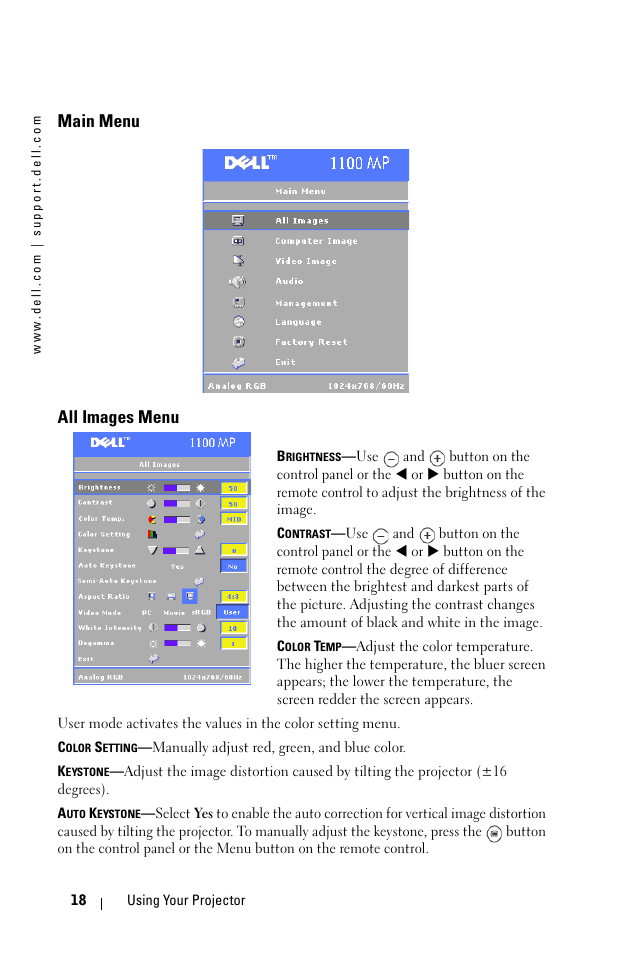 Main menu, All images menu, Main menu all images menu | Dell 1100MP User Manual | Page 18 / 976