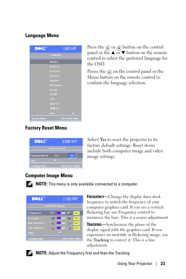 Language menu, Factory reset menu, Computer image menu | Dell 1100MP User Manual | Page 21 / 976
