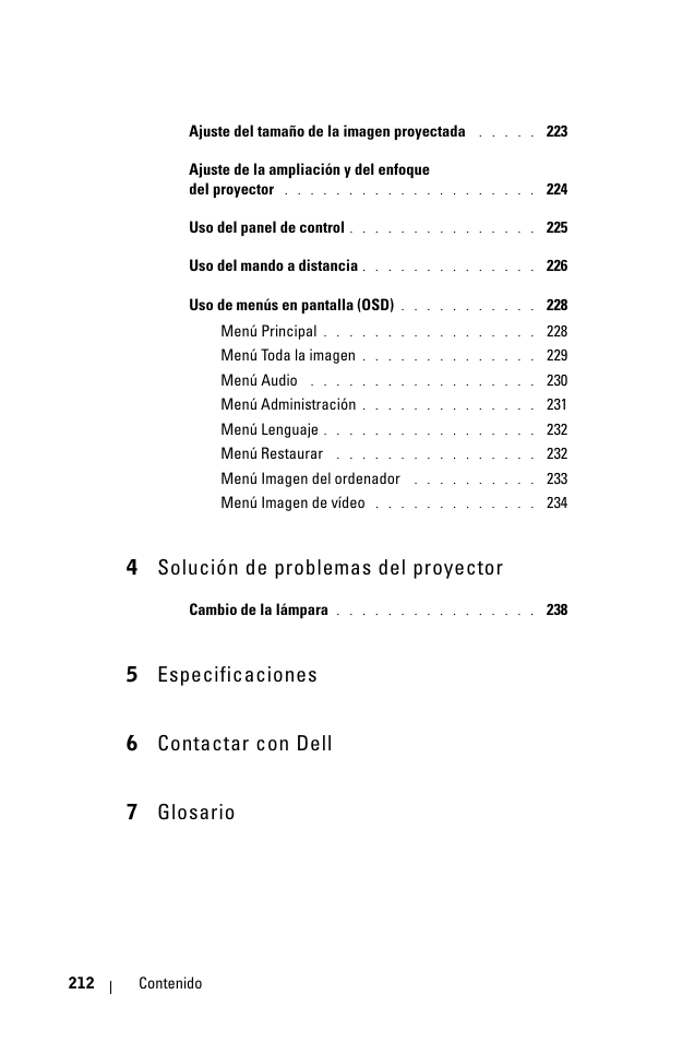 4 solución de problemas del proyector, 5 especificaciones 6 contactar con dell 7 glosario | Dell 1100MP User Manual | Page 212 / 976