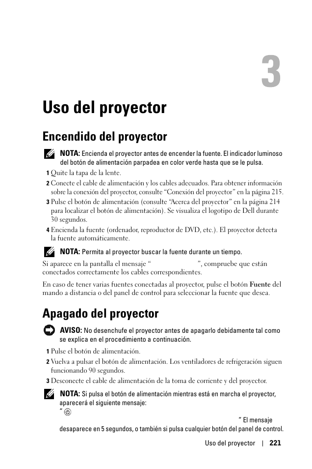Uso del proyector, Encendido del proyector, Apagado del proyector | 3 uso del proyector | Dell 1100MP User Manual | Page 221 / 976