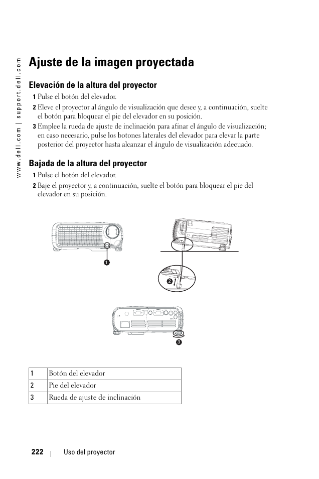 Ajuste de la imagen proyectada, Elevación de la altura del proyector, Bajada de la altura del proyector | Dell 1100MP User Manual | Page 222 / 976
