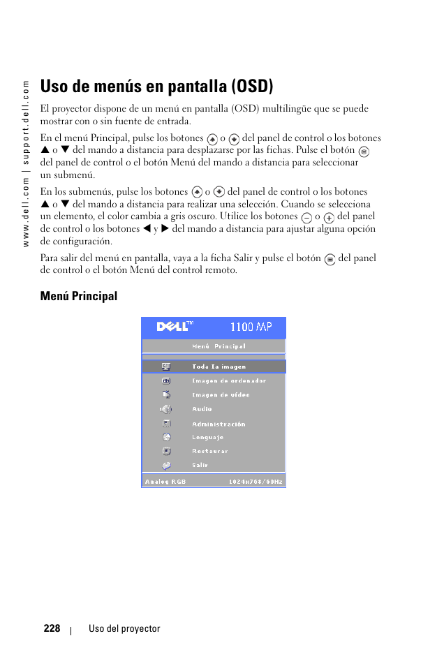 Uso de menús en pantalla (osd), Menú principal | Dell 1100MP User Manual | Page 228 / 976