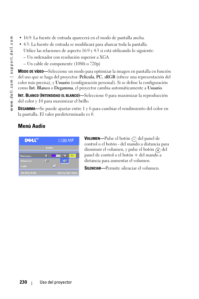 Menú audio | Dell 1100MP User Manual | Page 230 / 976