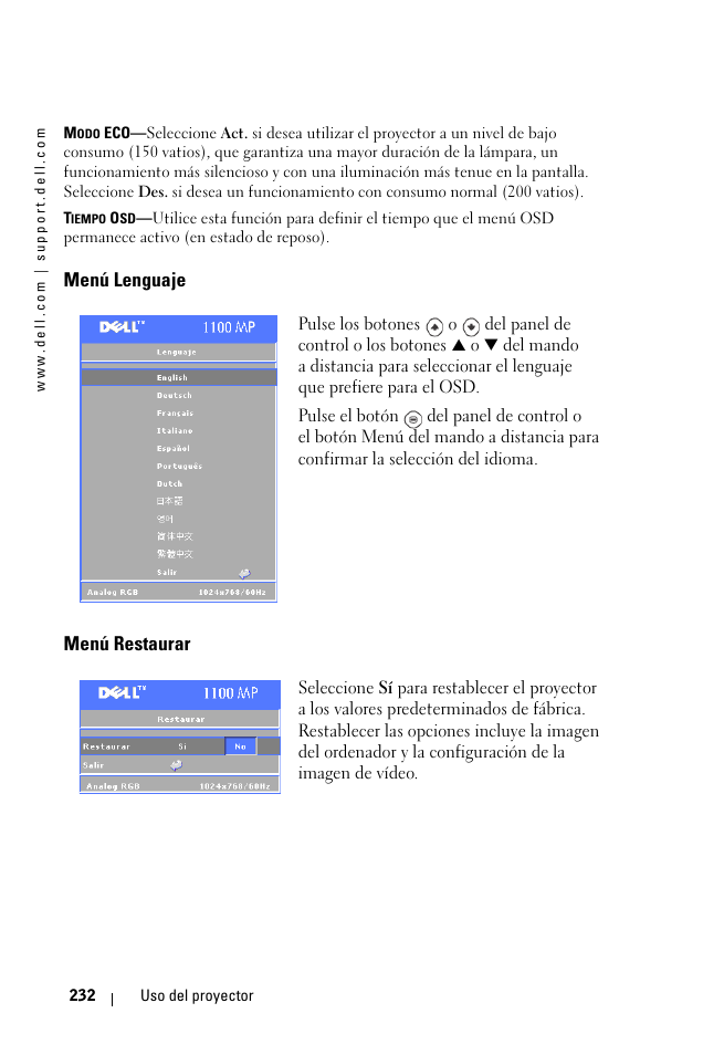 Menú lenguaje, Menú restaurar | Dell 1100MP User Manual | Page 232 / 976