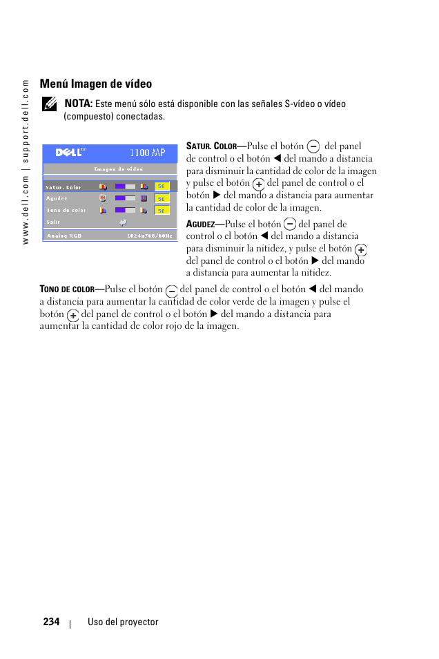 Menú imagen de vídeo, Nota | Dell 1100MP User Manual | Page 234 / 976