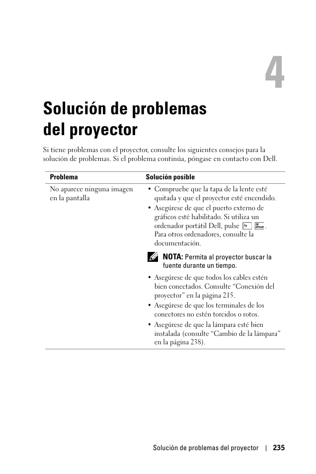 Solución de problemas del proyector, 4 solución de problemas del proyector | Dell 1100MP User Manual | Page 235 / 976