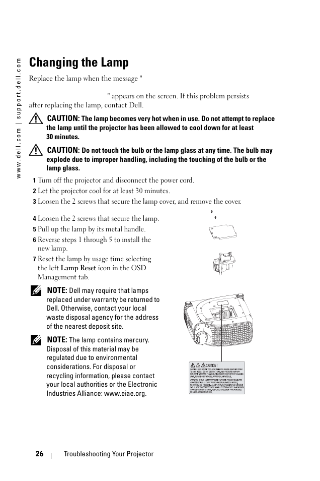 Changing the lamp | Dell 1100MP User Manual | Page 26 / 976