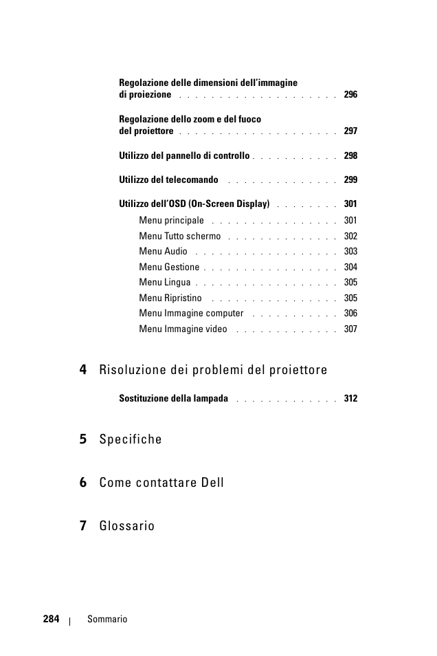 4 risoluzione dei problemi del proiettore, 5 specifiche 6 come contattare dell 7 glossario | Dell 1100MP User Manual | Page 284 / 976