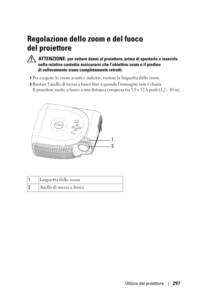 Regolazione dello zoom e del fuoco del proiettore | Dell 1100MP User Manual | Page 297 / 976