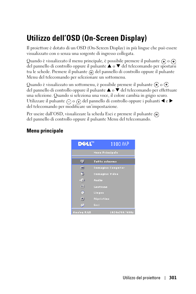 Utilizzo dell’osd (on-screen display), Menu principale | Dell 1100MP User Manual | Page 301 / 976