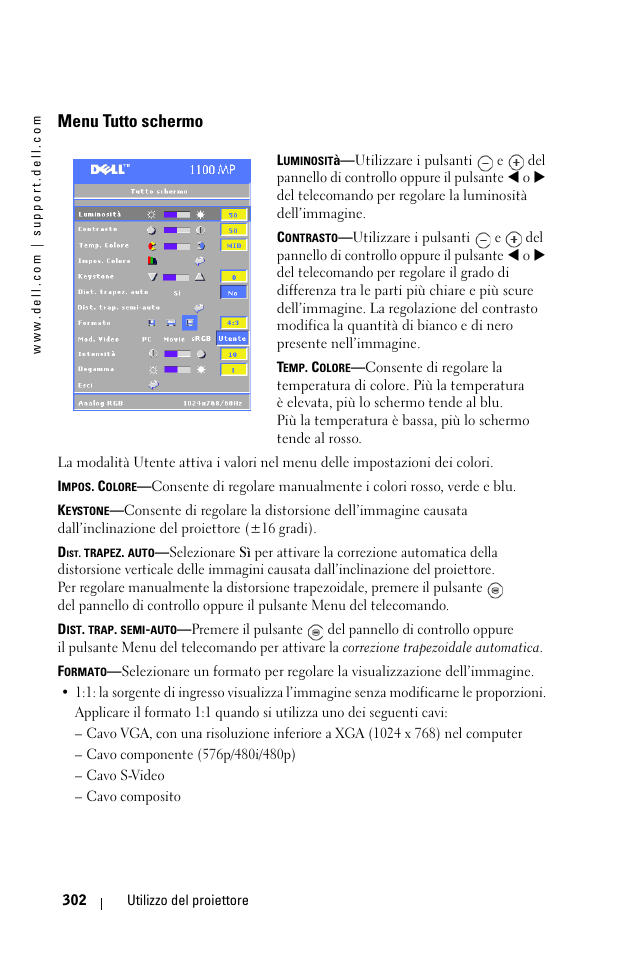 Menu tutto schermo | Dell 1100MP User Manual | Page 302 / 976