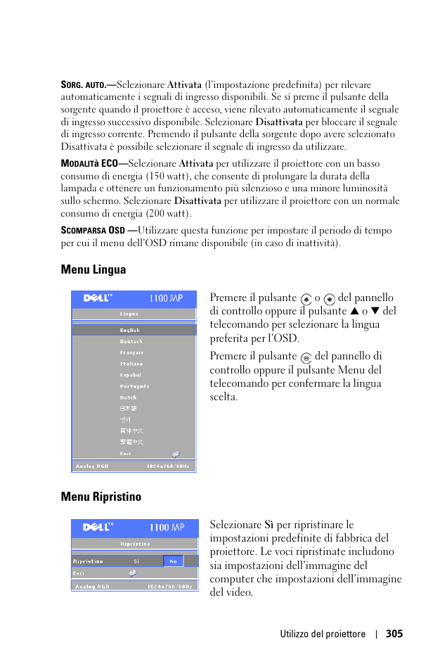 Menu lingua, Menu ripristino | Dell 1100MP User Manual | Page 305 / 976