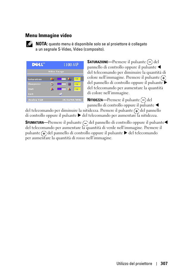 Menu immagine video | Dell 1100MP User Manual | Page 307 / 976