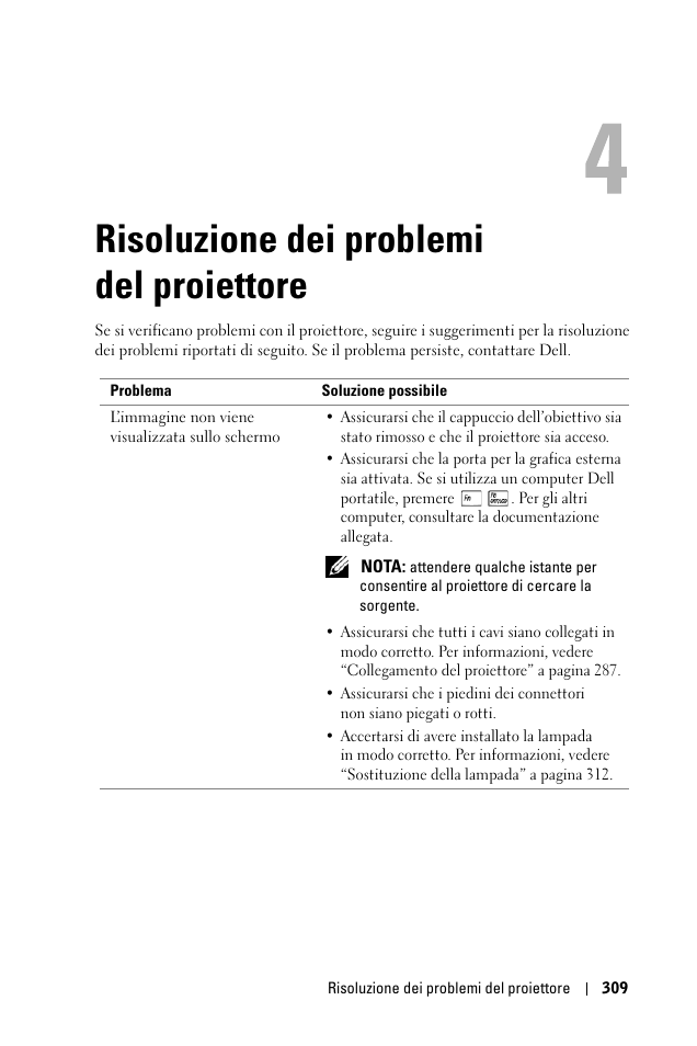 Risoluzione dei problemi del proiettore, 4 risoluzione dei problemi del proiettore | Dell 1100MP User Manual | Page 309 / 976