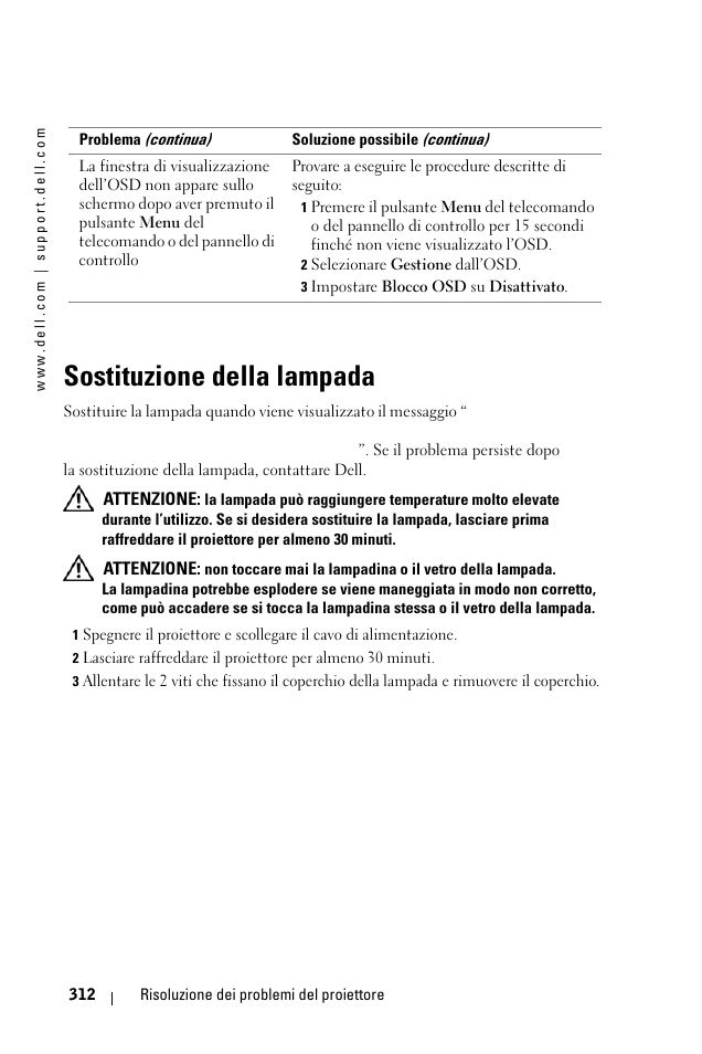 Sostituzione della lampada | Dell 1100MP User Manual | Page 312 / 976