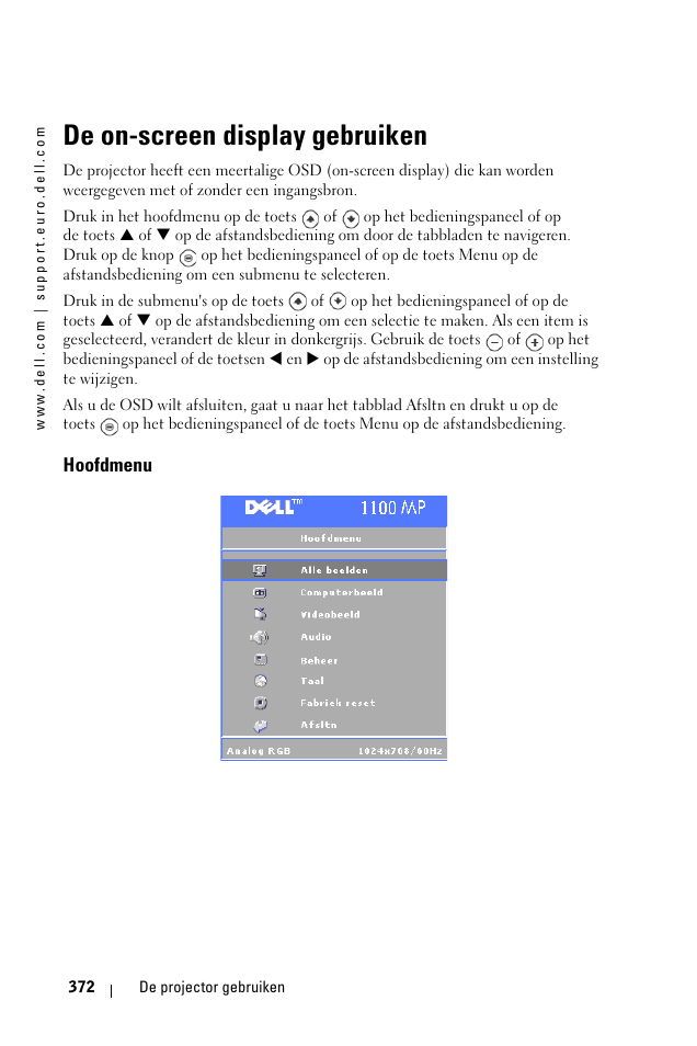 De on-screen display gebruiken, Hoofdmenu | Dell 1100MP User Manual | Page 372 / 976