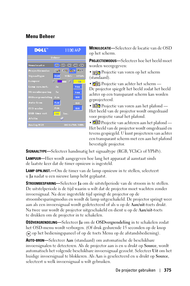 Menu beheer | Dell 1100MP User Manual | Page 375 / 976