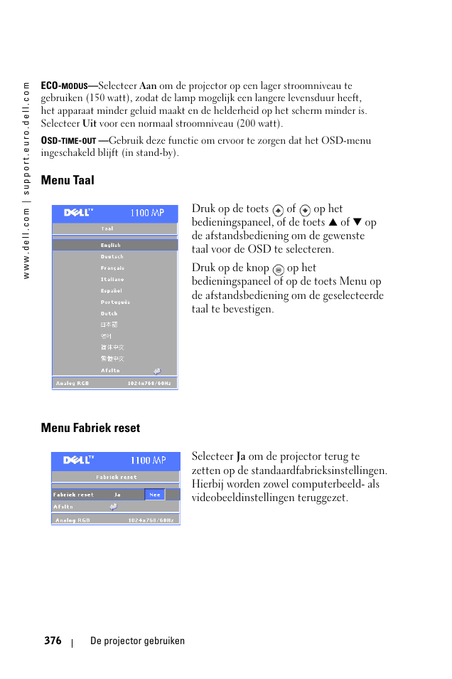 Menu taal, Menu fabriek reset | Dell 1100MP User Manual | Page 376 / 976