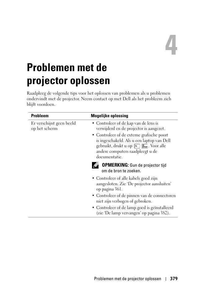 Problemen met de projector oplossen, 4 problemen met de projector oplossen | Dell 1100MP User Manual | Page 379 / 976