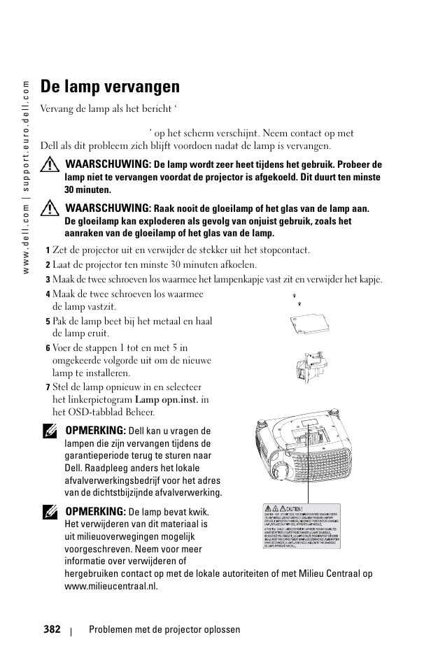 De lamp vervangen | Dell 1100MP User Manual | Page 382 / 976