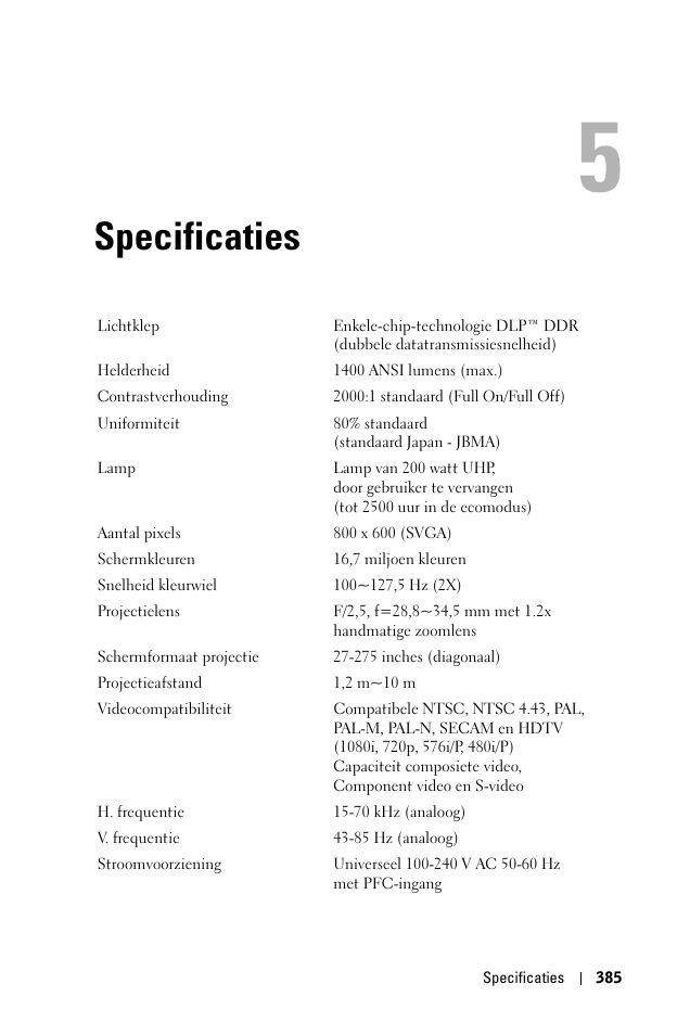 Specificaties, 5 specificaties | Dell 1100MP User Manual | Page 385 / 976