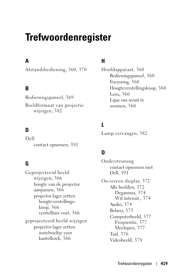 Trefwoordenregister | Dell 1100MP User Manual | Page 419 / 976