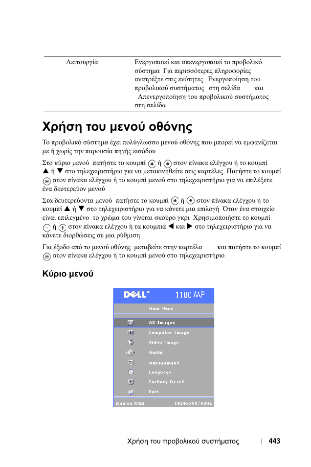 Счуз фпх менпж пиьнзт, Кжсйп менпж, Χρήση | Μενού, Οθόνης, Κύριο, Χρήση του µενού οθόνης | Dell 1100MP User Manual | Page 443 / 976