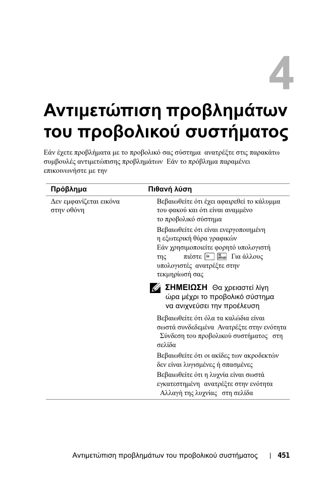 Αντιμετώπιση προβλημάτων, 4 αντιµετώπιση, Προβληµάτων | Προβολικού, Συστήµατος, Αντιµετώπιση προβληµάτων του προβολικού συστήµατος | Dell 1100MP User Manual | Page 451 / 976