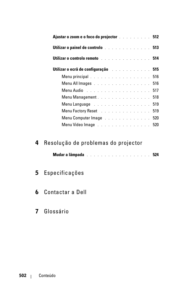 4 resolução de problemas do projector, 5 especificações 6 contactar a dell 7 glossário | Dell 1100MP User Manual | Page 502 / 976