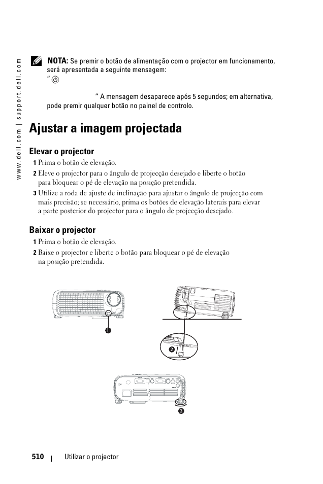 Ajustar a imagem projectada, Elevar o projector, Baixar o projector | Dell 1100MP User Manual | Page 510 / 976