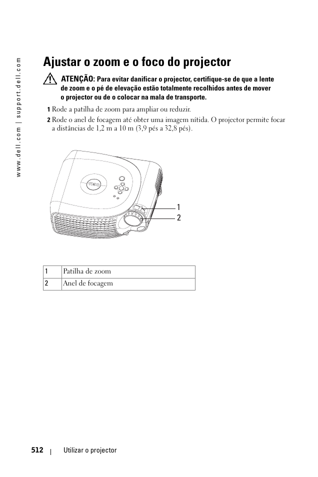 Ajustar o zoom e o foco do projector | Dell 1100MP User Manual | Page 512 / 976