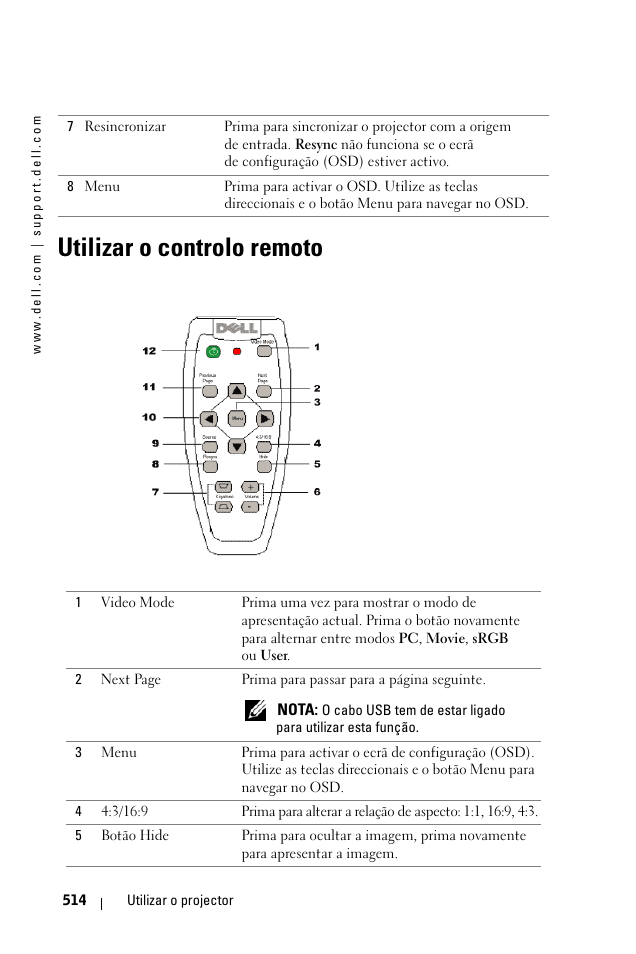 Utilizar o controlo remoto | Dell 1100MP User Manual | Page 514 / 976