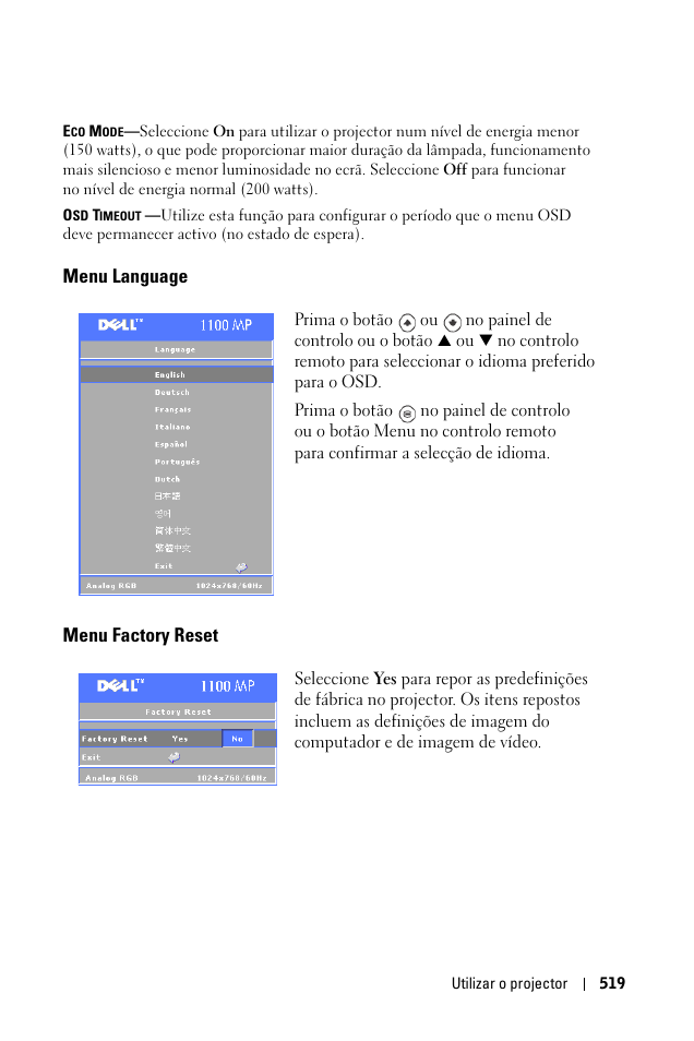 Menu language, Menu factory reset | Dell 1100MP User Manual | Page 519 / 976