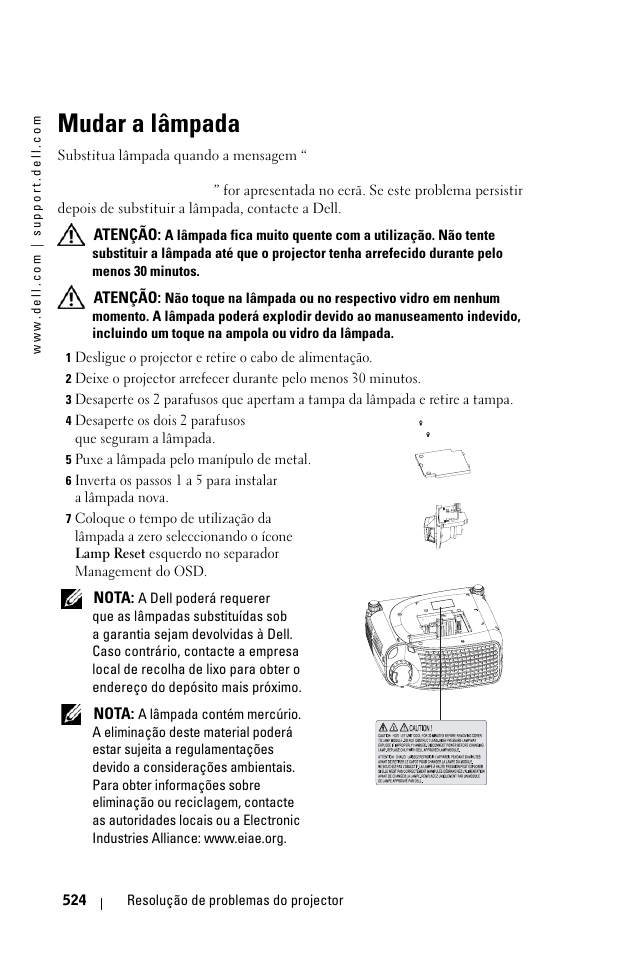 Mudar a lâmpada | Dell 1100MP User Manual | Page 524 / 976