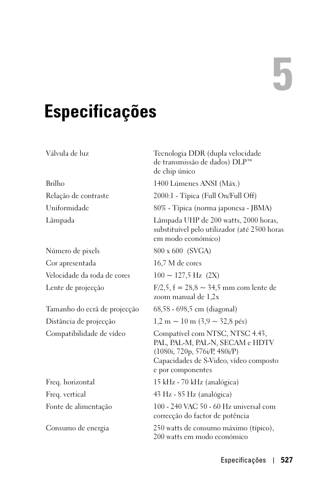 Especificações, 5 especificações | Dell 1100MP User Manual | Page 527 / 976