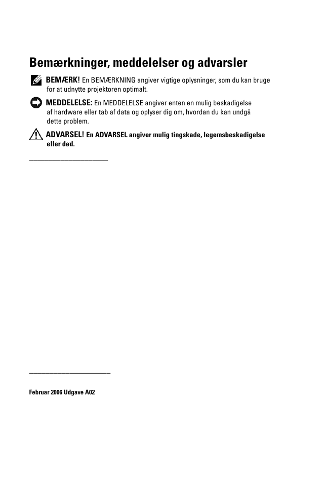 Bemærkninger, meddelelser og advarsler | Dell 1100MP User Manual | Page 568 / 976