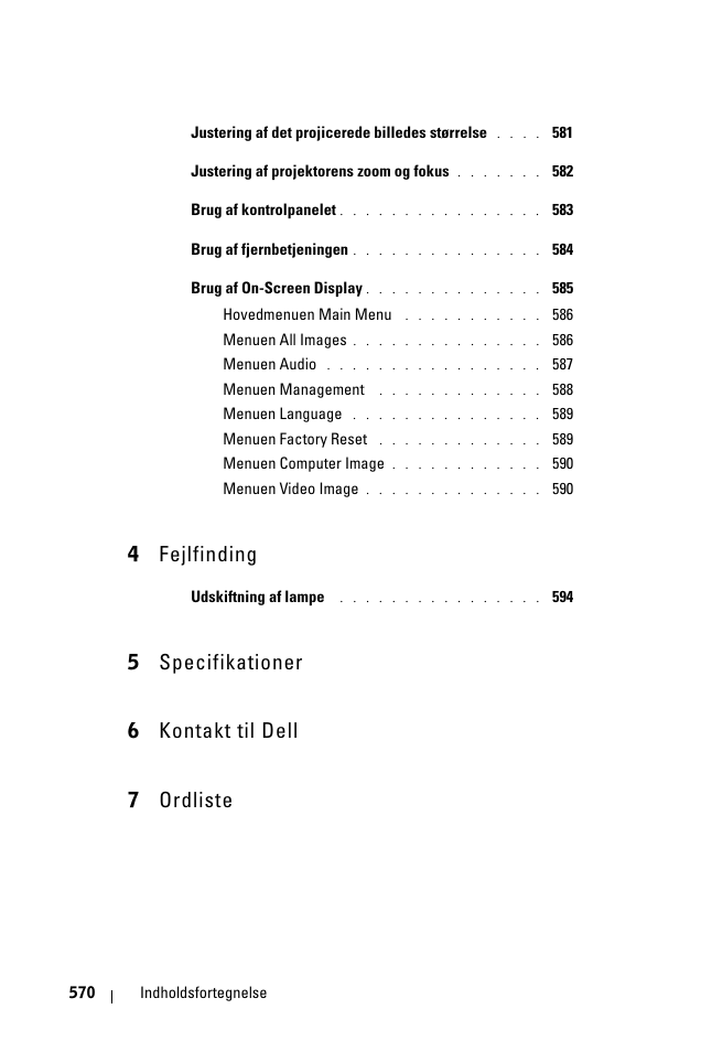 4 fejlfinding, 5 specifikationer 6 kontakt til dell 7 ordliste | Dell 1100MP User Manual | Page 570 / 976