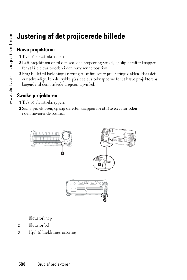 Justering af det projicerede billede, Hæve projektoren, Sænke projektoren | Dell 1100MP User Manual | Page 580 / 976