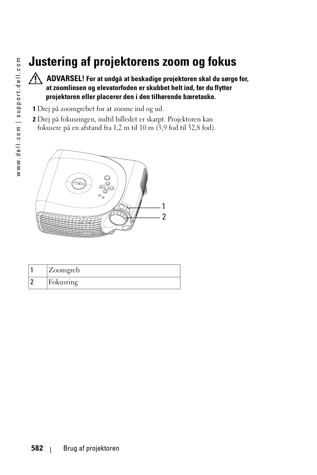 Justering af projektorens zoom og fokus | Dell 1100MP User Manual | Page 582 / 976