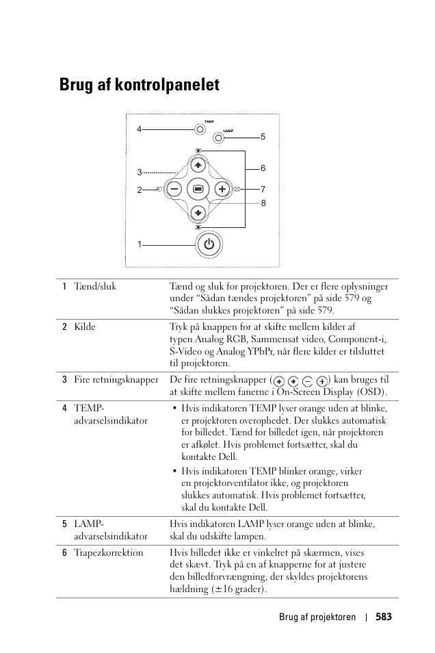 Brug af kontrolpanelet | Dell 1100MP User Manual | Page 583 / 976