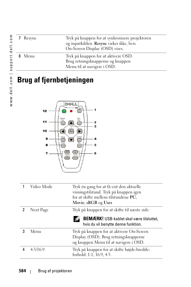 Brug af fjernbetjeningen | Dell 1100MP User Manual | Page 584 / 976