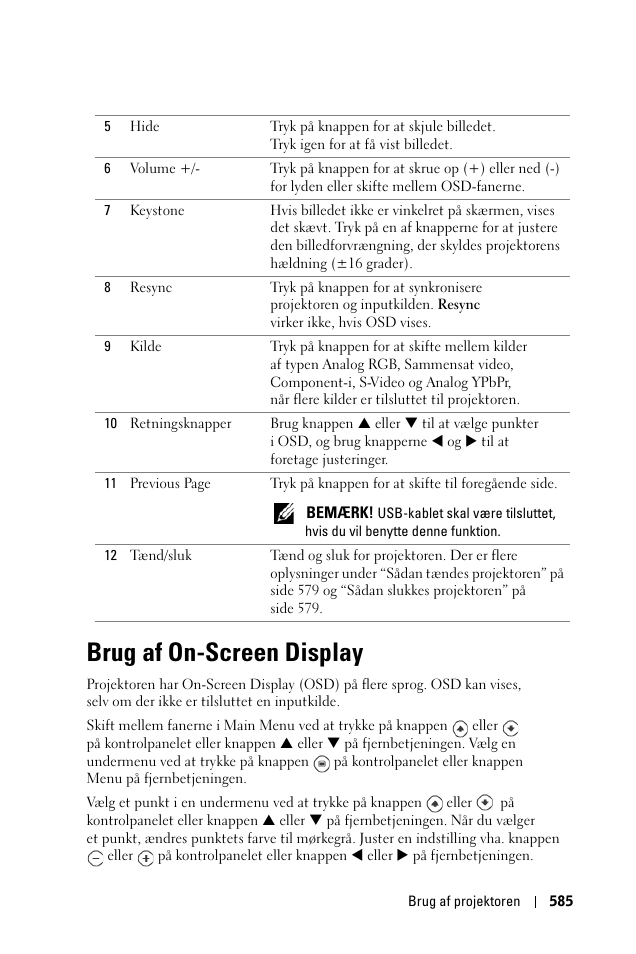 Brug af on-screen display | Dell 1100MP User Manual | Page 585 / 976