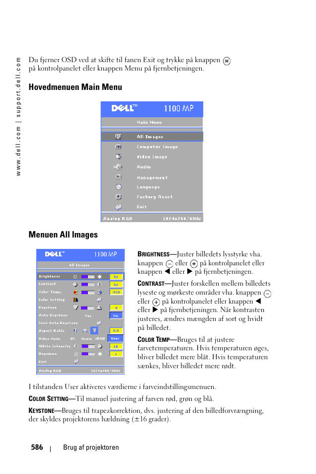 Hovedmenuen main menu, Menuen all images, Hovedmenuen main menu menuen all images | Dell 1100MP User Manual | Page 586 / 976