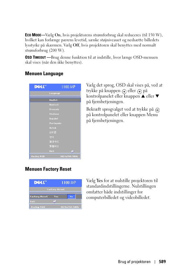 Menuen language, Menuen factory reset | Dell 1100MP User Manual | Page 589 / 976