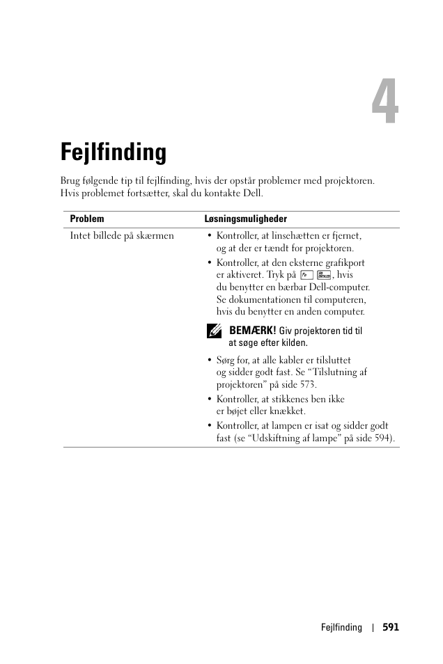 Fejlfinding, 4 fejlfinding | Dell 1100MP User Manual | Page 591 / 976